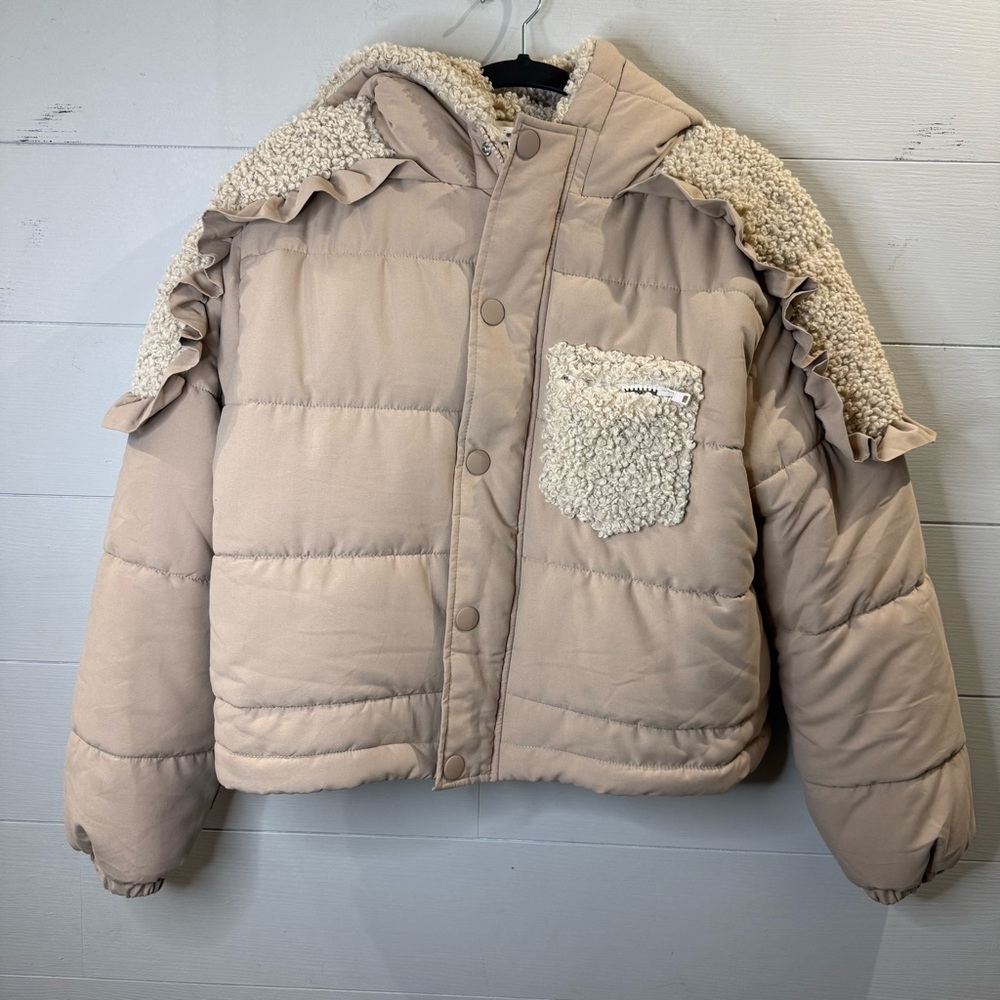 For Love & Lemons | Super Oversized Hooded Ruffles Faux Sherpa Puffer Coat XXS